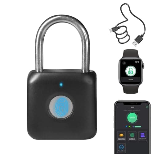 Fingerprint Padlock Phone Watch App Gym Locker Lock: Keyless Padlock eLinkSmart Combination Lock - Black Metal Bluetooth Remote for Locker Backpack Suitcase Luggage - Image 1