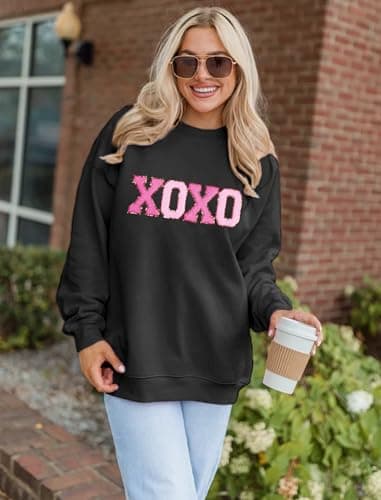 MAPICK Valentine's Day Oversized Sweatshirt for Womens Letter Printed Sweaters Tops Embroidered Chenille Shirt(Black,Medium) - Thumbnail 3