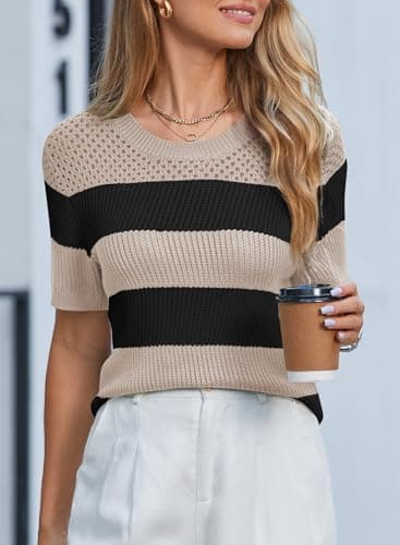 Dokotoo Summer Tops for Women Fashion Striped Short Sleeve Shirts 2025 Cute Color Block Round Neck Knitted Top Blouses Womens Casual Spring T Shirts Black X-Large - Thumbnail 3