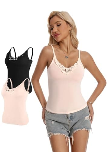 LuneNuelle Women Camisole Tank Top - Adjustable Spaghetti Strap Lace V Neck Slim Fit Casual Basic Sexy Cami Undershirt 2 Pack,Black,Nude-S,2026 - Image 1