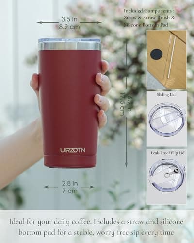 UIRZOTN Travel Coffee Tumbler 20oz, Leakproof Travel Coffee Mug with Dual Lids and Straw, Stainless Steel Double Wall Vacuum Insulated Tumbler for Hot/Iced Drinks (Red, Textured Matte) - Thumbnail 2