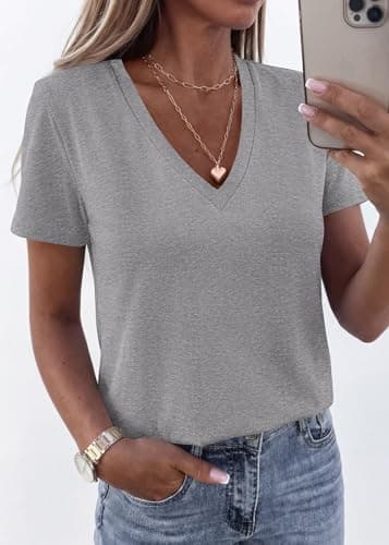 KIRUNDO V Neck T Shirts for Women Summer Tops Oversized Spring Short Sleeve Casual Basic Tees Tunic Blouse Fashion Clothing(Grey, Medium) - Thumbnail 2