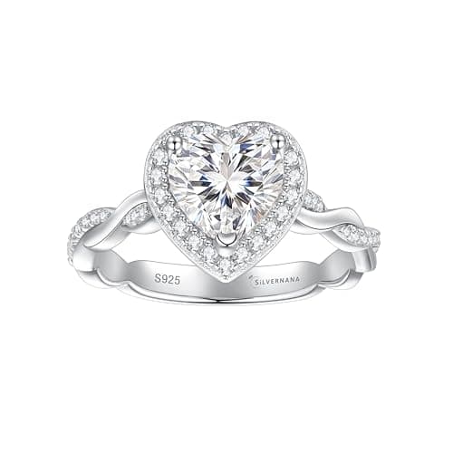 SILVERNANA 1.5ct Heart Cut Moissanite Engagement Ring for Women 925 Sterling Silver Twisted Vine Heart Halo Promise Ring Size 9.5