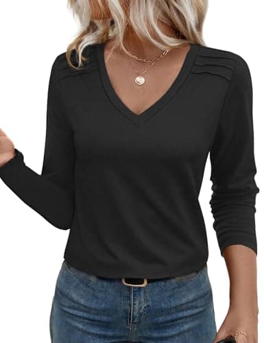 JUSTFASHIONNOW Pleated Long Sleeve Shirts for Women V Neck Dressy Casual Business Blouses Fall Tops 2025 Trendy(Black,Small) - Image 1