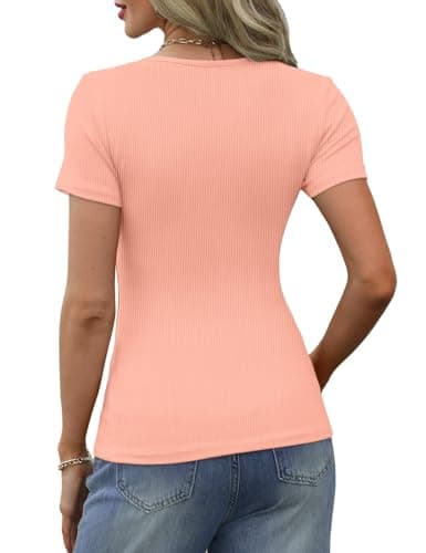 GKBK Ribbed Short Sleeve Tops for Women Henley V Neck Top Slim Fitted Tight Basic Tee Tshirts Cute Summer Tops 2025 Trendy Going Out Workout Outfits Pink XS - Thumbnail 4