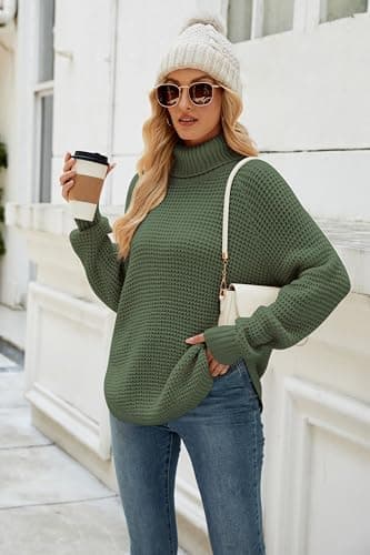 QIANSIQIANBO Women's Sweaters Fall Ribbed Knit Turtleneck Sweater Loose Casual Long Sleeve Split Soft Pullover Top (S) Green - Thumbnail 4