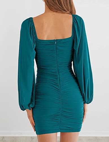 MEROKEETY Womens Long Sleeve Mesh Bodycon Cocktail Dress 2026 Square Neck Ruched Club Mini Dress Teal Medium - Thumbnail 3