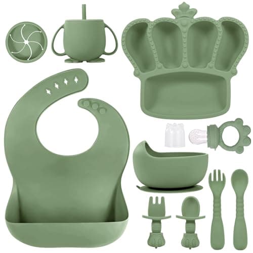 BXLL Olive Green 10 Pcs Baby Led Weaning Supplies - Silicone Baby Feeding Set with Suction Bowl, Divided Plate, Bibs, Fruit Feeder, Pacifier, Spoons, Forks, Sippy Cup & Snack Cup - Image 1