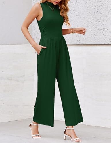 Ekouaer Summer Jumpsuits for Women Casual Mock Neck One Piece Outfits Sleeveless Formal Wide Leg Pants Romper with Pockets - Thumbnail 3