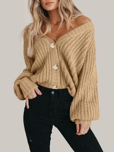 PRETTYGARDEN Women's Long Sleeve Plain Button Down Sweater Classic V-Neck Knit Cardigan Open Loose Outwear Coats (Khaki,Small) - Thumbnail 6