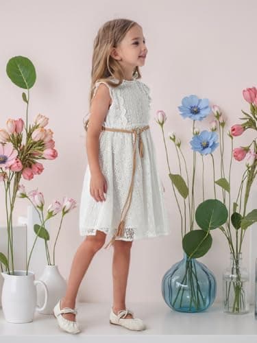 ALLOVIN Toddler and Girls Vintage Boho A-Line Lace Dress with Belt Pom Pom Trim Birthday Party Dress | White | 8-9Y - Thumbnail 6