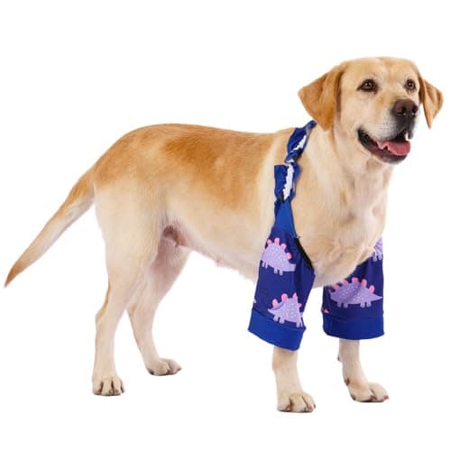 LovinPet Front Leg Sleeves for Medium and Large Dogs, 4-Way Stretch Elbow Protection, Anti-Lick Recovery, Warmth and Callus Prevention, Pair, Dinosaur Print, Pink Purple,XL