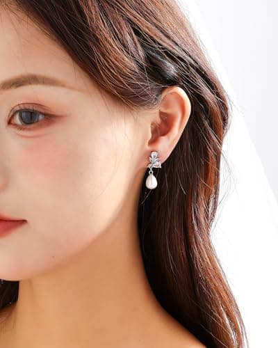 Pearl Earrings for Women, Hypoallergenic Silver Cubic Zirconia Pearl Drop Earrings Bridal Shower Gifts for Wedding Party - Thumbnail 2