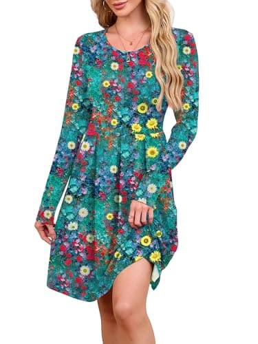 KORSIS Womens Dress Casual Swing T Shift Autumn Winter Long Sleeve Round Neck Tunic Loose Fashion High Waist Floral Dresses with Legging Large - Image 1