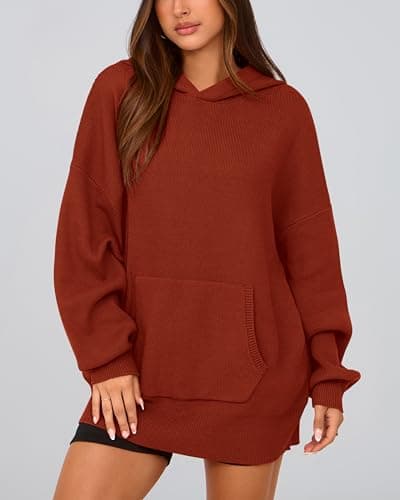 dowerme Women Oversized Sweaters 2026 Lantern Long Sleeve Drop Shoulder Chunky Knit Hooded Pullover Sweater with Pocket(Caramel,Medium) - Thumbnail 4