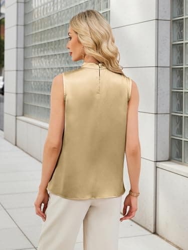 Funlingo Womens Dressy Tank Tops Sleeveless Satin Silk Camisole Blouse Business Casual Outfits Summer Pleated Work Shirt Fashion Khaki XL - Thumbnail 4