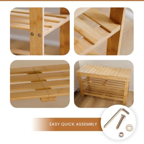 Leaf & Grain Bamboo Shoe Rack - Shoe Storage Bench for Front Door Entrance - Entryway Bench with Shoe Shelf, Shoe Storage Organizer, Wooden Shoe Rack, Durable Shoe Bench for Home (Natural) - Thumbnail 5