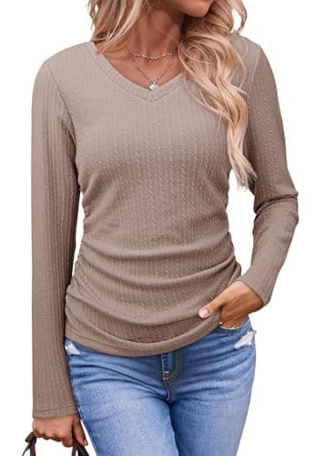 Dokotoo Going Out Tops for Women Trendy Spring Outfits 2026 V Neck Long Sleeve Tshirts Shirts for Women Business Casual Loose Soft Side Ruched Slim Fit Blouses Womens Chocolate Brown Spring Clothes L - Image 1
