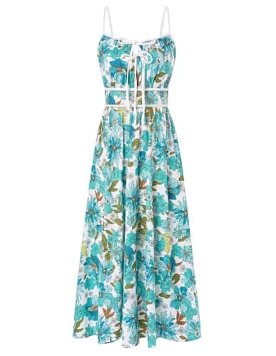 GRACE KARIN 2026 Women's Summer Maxi Floral Dress, Spaghetti Strap Tie Front Boho Sundress with Pockets, Green L - Image 1