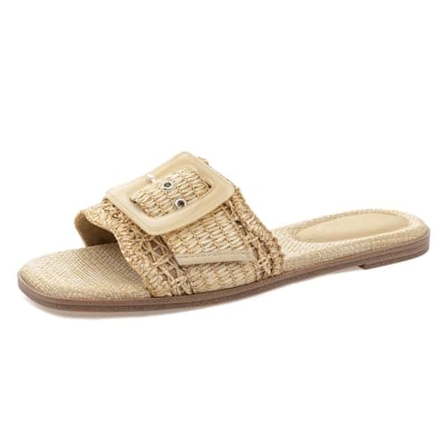 Rihero Raffia Flat Sandals for Women Dressy Slip On Beach Slides Square Toe Buckle Summer Fashion Woven Sandals Natural Size 7 - Image 1