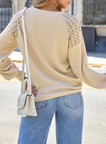 EVALESS Women's Tops Long Sleeve Crewneck Knit Shirts 2025 Spring Trendy Outfits Ladies Cute Lace Patchwork Waffle Basic Tshirts Womens Cute Loose Fit Dressy Blouses Clothes Beige Large - Thumbnail 4