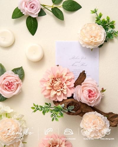 BSMYBO Artificial Pink Flowers Fake Roses Peony Dahlia Combo Box Set Gradient Blush Pink Flowers Leaf with Stems for DIY Wedding Bouquets Table Centerpieces Baby Shower Bridal Party Home Decorations - Thumbnail 3