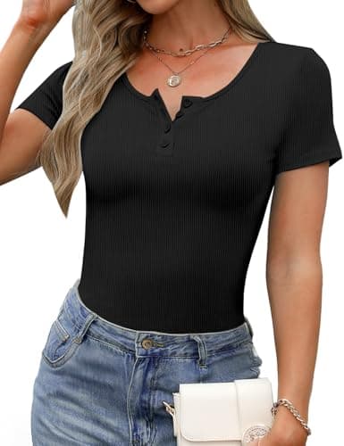 GKBK Ribbed Short Sleeve Tops for Women Henley Neck Slim Fitted Tight Basic Tee Tshirts Cute Spring Summer Tops Black - Thumbnail 2