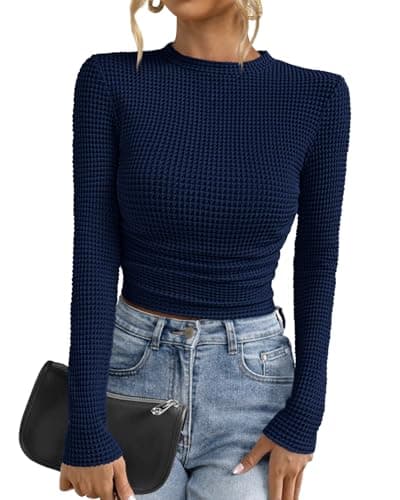 PRETTYGARDEN Womens Tops 2026 Spring Long Sleeve Fitted T Shirts Waffle Ruched Crop Shirt Basic Knit Workout Y2k Clothes(Navy Blue,XX-Large) - Image 1