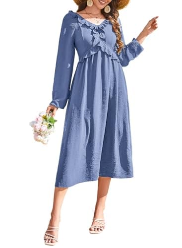 Dokotoo Dresses for Women Spring Outfits 2026 Blue Dress Plus Size Dresses for Teachers Wedding Guest Dress Casual V Neck Long Sleeve Women Clothing Summer Maxi Dress Blue - Image 1