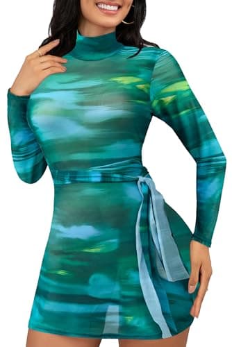 MSVLDR Sexy Long Sleeve Mini Dress for Women Sheer Mesh Printed Crew Neck Bodycon Party Clubwear See Through Dresses Green Small - Image 1