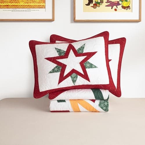 Vohanide Handmade Queen Size Patchwork Quilt Set with Embroidered Cardinal & Stars - Rustic Farmhouse Cotton Bedding - Crimson, Forest Green & Gold - All Season Decorative Quilt - Thumbnail 5