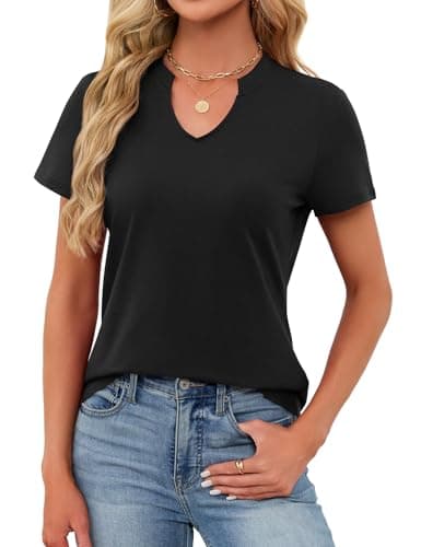 Women's V Neck Cotton T-Shirts Breathable Short Sleeve Tops Lightweight Stretch Summer Tees (Black,X-Large) - Thumbnail 2