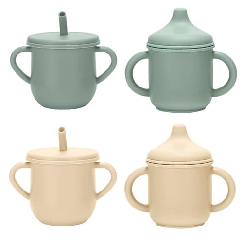 JELLDJK Silicone Toddler Cups Set, 2 Straw Cups and 2 Sippy Cups for 6+ Months Baby, Leakproof Spillproof Training Cups with Handles, Easy Clean (Green+Beige) - Image 1