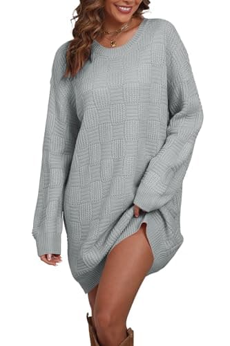 Cakulo Womens Checkered Sweater Dress Oversized Fall Winter Long Pullover Sweaters Casual Loose Knit Dresses 2025 Grey S - Image 1