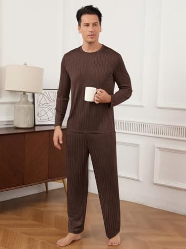 RQP Mens Pajama Set Soft Pijamas Sets for Men Long Sleeve Full Length Pants Pjs Sleepwear,Coffee - Thumbnail 4