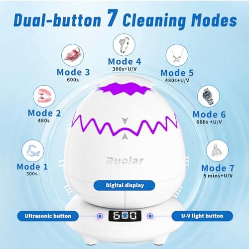Ultrasonic Retainer Cleaner Machine for Dentures | 45kHz Dental Cleaning Pod for Aligner, Nightguard, Braces, Jewelry, Watch, 3 Timer Modes - with Cooling Fan & Removable Base (Light Purple) - Thumbnail 4