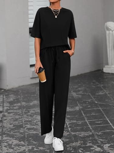 BTFBM Summer Outfits For Women 2026 Two Piece Sets Casual Short Sleeve Spring Tops Wide Leg Pants Matching Lounge Set(Black, XX-Large) - Thumbnail 2