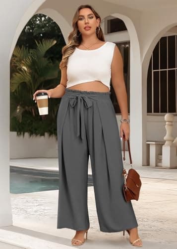 Lastshe Women's Plus Size Pants Wide Leg Work Casual Palazzo Flowy Elastic High Waisted Tie Knot Trousers with Pockets, Smoke Grey, 1X - Thumbnail 5