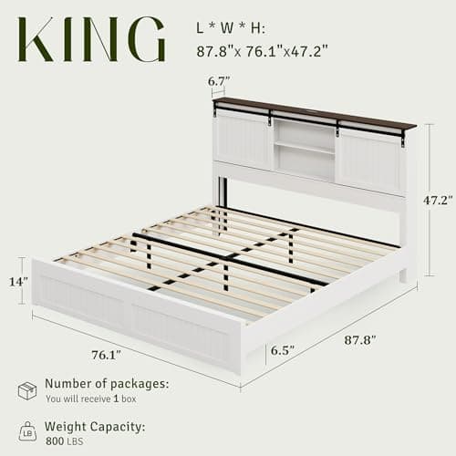 Uteeran King Size Bed Frame with Storage Headboard, Sliding Barn Door, Wood Platform Bed with Reading Light and Charging Station, Wood Slats Support, Easy Assembly, Noise-Free, Antique White - Thumbnail 2