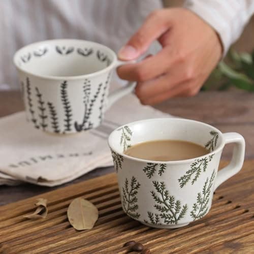 Tvvtuww Ceramic Mug Set of 4, 11oz - Vintage Mug Cups for Coffee Milk Latte Cappuccino Tea, Porcelain Coffee Cups Set Gifts for Women Man, Farmhouse Handmade Stoneware Cups Dishwasher Microwave Safe - Thumbnail 5