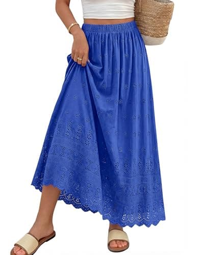 dowerme Women Summer Maxi Skirt Cute Elastic High Waist Boho Eyelet A-Line Cotton Flwoy Long Skirts Spring Clothes 2026(Blue,X-Large) - Image 1