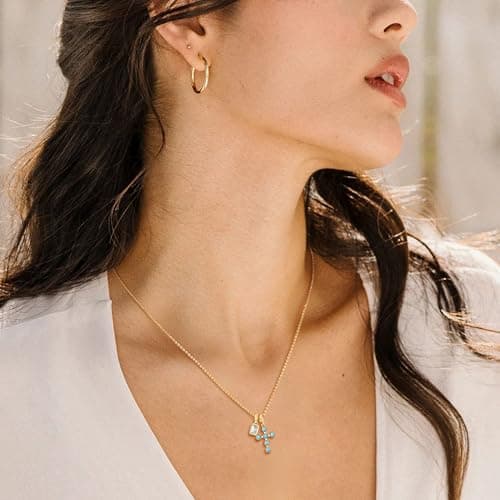 Fettero Gold Cross Necklace for Women - 14K Gold Plated Dainty Removable Turquoise Cross Pendant Charm CZ Gold Necklace for Women Trendy Faith Jewelry Christian Religious Gifts - Thumbnail 2
