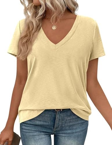 PRETTYGARDEN Womens Tops Short Sleeve Oversized Tshirts Shirts 2026 Summer Casual V Neck Loose Basic Tees Spring Tunic Blouse (Yellow,Medium) - Image 1