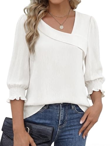 Funlingo Womens Tops Dressy Casual 3/4 Sleeve Asymmetric Square Neck Blouses Smocked Cuffed Dress Shirts Trendy Business Work Clothes White S - Image 1