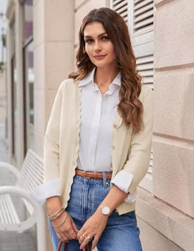 GRACE KARIN Women Cropped Lightweight Cardigan, Business Casual 3/4 Sleeve Button Up Shrugs Vacation Outfits Beige - Thumbnail 6