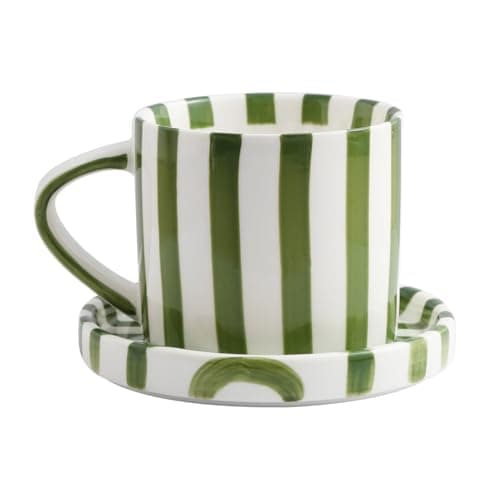 Cup and Saucer Set Hand-Painted Green Stripes, 8 Oz Ceramic Coffee Mug, Espresso Cups, Porcelain Coffee Cup for Cappuccino, Espresso, Coffee, Tea, Cafe Mocha, Latte, Set of Cup Gift for Coffee Lover - Image 1