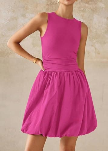 KIRUNDO Summer Bubble Dress for Women 2026 Casual Mini Spring Bodycon Cocktail Dresses Sleeveless Drop Waist Sundress Beach(Rose Red, Large) - Thumbnail 3