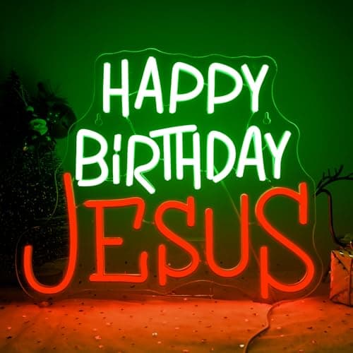 Looklight Happy Birthday Jesus Neon Sign Christmas Neon Signs for Wall Decor Red Green LED Light USB Light Up Signs for Inspirational Christian Decor for Homes Offices Churches Christmas Gifts - Image 1