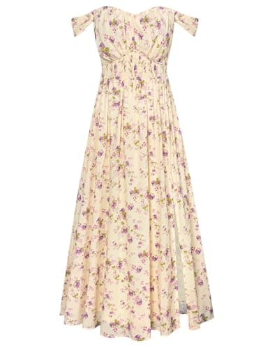 GRACE KARIN Summer Floral Dress for Women 2026,Off the Shoulder Smocked Bridesmaid Dresses,Formal Baby Shower Maxi Dresses Beige Purple XXL - Image 1