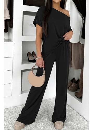 KIRUNDO Two Piece Sets for Women Lounge Airport Travel Vacation Outfits 2026 Summer Off Shoulder Tops Matching Wide Leg Pants(Black, X-Large) - Thumbnail 3